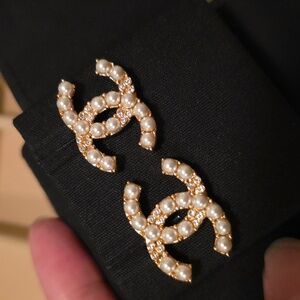 CHANEL Gold Tone Crystals and Pearl Earrings